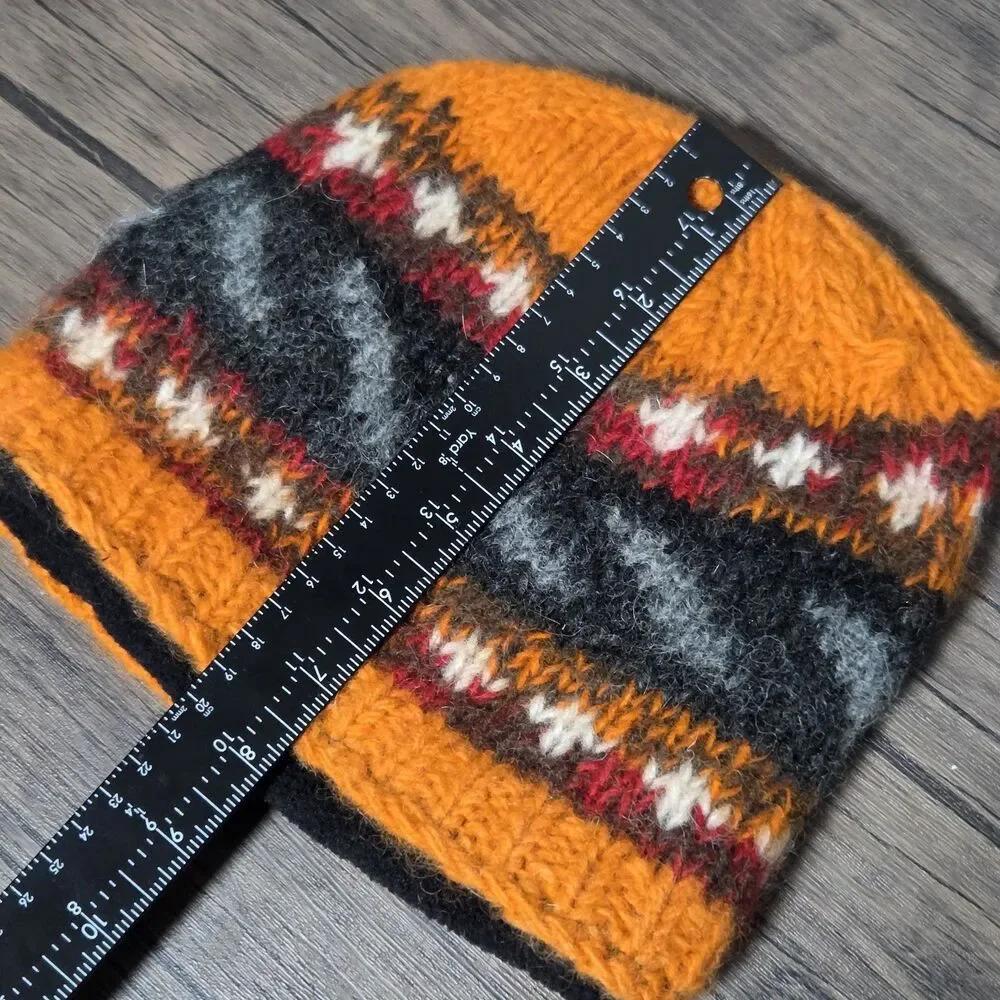 Earth Ragz 100% Pure Wool Beanie Hat Fair Isle Orange Grey Boho Heavy Knit OS